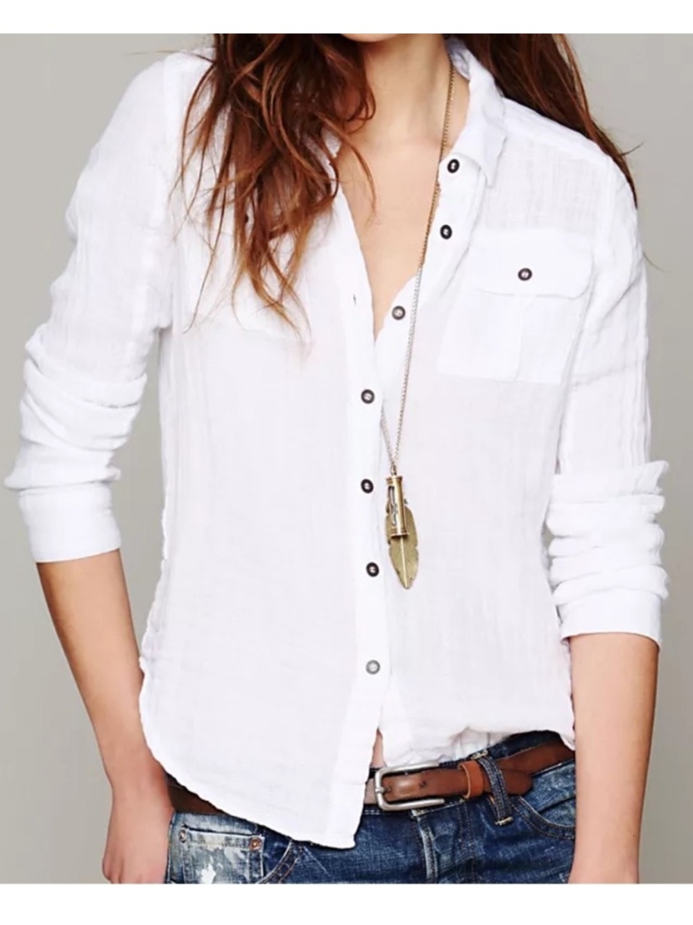 We The Free White Cotton Gauze Long Sleeve Button Down Shirt